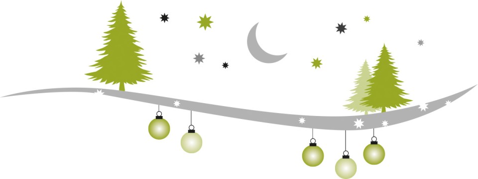 Grafik mit grünen Tannenbäumen und Weihnachtskugeln