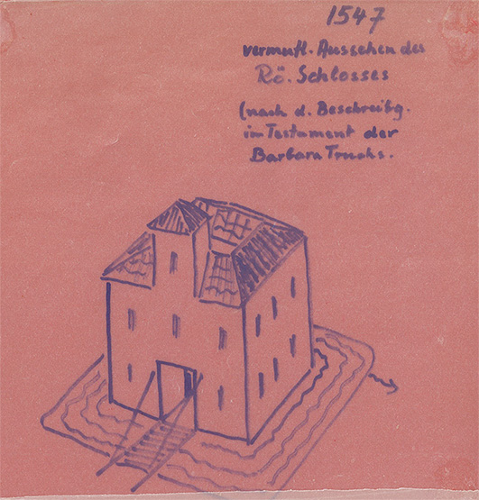 Zeichnung: Vermutetes Aussehen nach W. Wiedl, Zeichnung: Gemeindearchiv