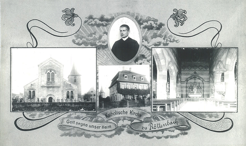 Collage: Pfarrhaus und Kirche um 1910 mit Pfarrer Heinrich Nüßlein, Foto: Gemeindearchiv